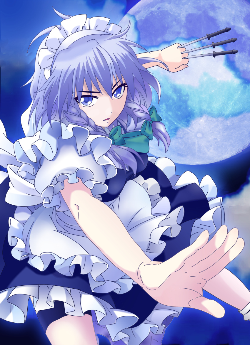 1girl absurdres apron blue_eyes bow braid frilled_apron frills green_bow hair_bow highres holding holding_knife izayoi_sakuya knife knives_between_fingers looking_at_viewer lucky_m7 maid_headdress moon night night_sky parted_lips puffy_short_sleeves puffy_sleeves short_sleeves silver_hair sky solo touhou twin_braids weapon