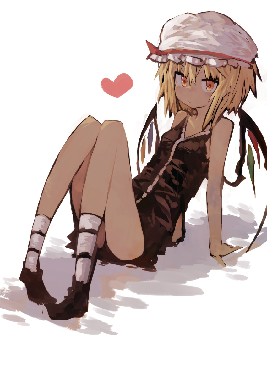 1girl absurdres alternate_costume arm_support bare_shoulders blonde_hair expressionless flandre_scarlet hat heart highres kaamin_(mariarose753) leaning_back looking_at_viewer no_pants shoes short_hair sitting sleeveless socks solo touhou white_background wings