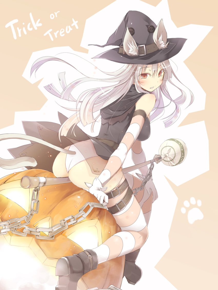 1girl animal_ears ass cat_ears cat_tail elbow_gloves from_behind gloves halloween hat highres jack-o'-lantern long_hair looking_at_viewer looking_back original panties red_eyes satomi see-through silver_hair solo striped striped_gloves striped_legwear tail thigh-highs thigh_strap trick_or_treat underwear white_panties witch_hat