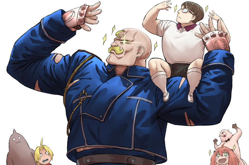 1girl 4boys alex_louis_armstrong alphonse_elric anya_(spy_x_family) bald bill_watkins black_shorts blonde_hair blue_jacket bond_(spy_x_family) crossover dog edward_elric facial_hair fullmetal_alchemist glasses great_pyrenees green_eyes hairpods haraya_manawari highres jacket multiple_boys mustache opaque_glasses pink_hair polo_shirt pose shirt shorts sitting_on_arm sparkling_eyes spy_x_family white_shirt