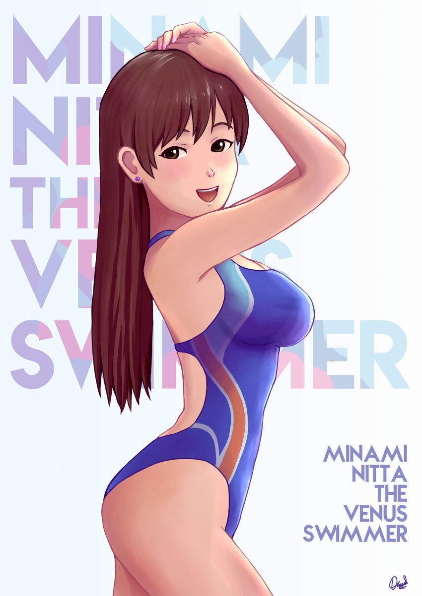 1girl blue_swimsuit brown_eyes brown_hair character_name competition_swimsuit cowboy_shot danis_ariandi highleg highleg_swimsuit highres idolmaster idolmaster_cinderella_girls idolmaster_cinderella_girls_starlight_stage long_hair looking_at_viewer nitta_minami one-piece_swimsuit open_mouth smile solo swimsuit