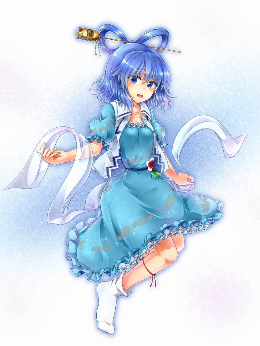 1girl blue_dress blue_eyes blue_hair blush dress full_body hagoromo hair_ornament hair_rings hair_stick highres kaku_seiga looking_at_viewer open_clothes open_vest parted_lips puffy_short_sleeves puffy_sleeves shawl short_sleeves smile socks solo touhou vest white_legwear yan_wu