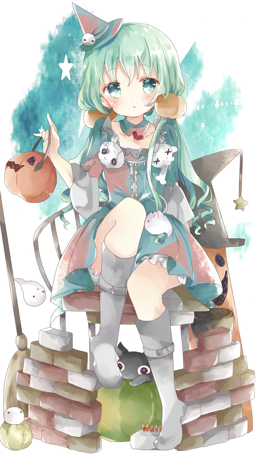 1girl :o animal aqua_background bad_id bad_pixiv_id bangs bloomers blush boots brick_wall broom cat commentary_request detached_collar dress eyebrows_visible_through_hair food_themed_hair_ornament ghost green_eyes green_hair hair_between_eyes hair_ornament halloween hat head_tilt heart highres holding jack-o'-lantern knee_boots long_hair long_sleeves looking_at_viewer low_twintails mini_hat multicolored multicolored_clothes multicolored_dress original parted_lips pumpkin_hair_ornament ringlets silver_footwear sitting skull solo star tsukiyo_(skymint) twintails underwear very_long_hair white_background white_bloomers wizard_hat