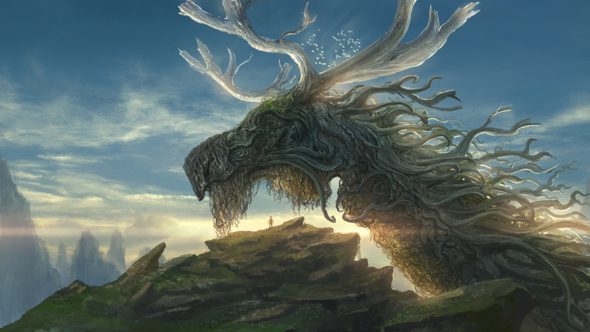 1boy antlers blue_sky cliff clouds cloudy_sky commentary_request day fantasy monster mountain original outdoors scenery sky standing you_shimizu