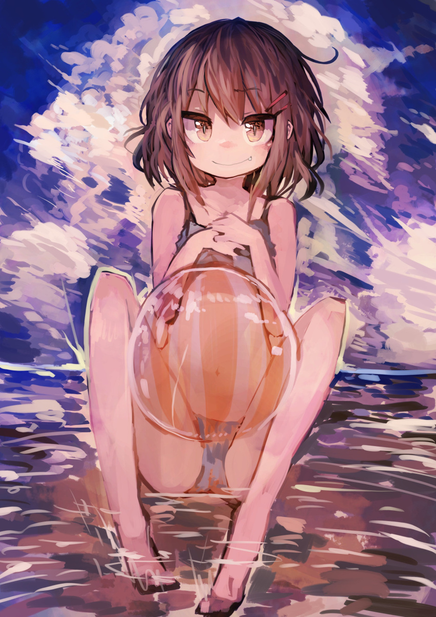 1girl absurdres ball bangs beachball bikini brown_eyes brown_hair eyebrows_visible_through_hair fang hair_ornament hairclip hands_on_own_chest highres ikazuchi_(kantai_collection) kaamin_(mariarose753) kantai_collection legs looking_at_viewer navel short_hair sitting sky smile solo swimsuit water