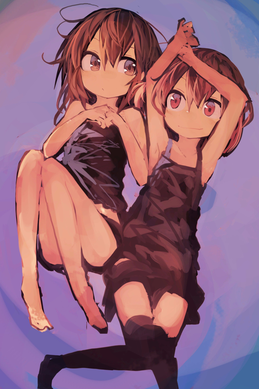 2girls absurdres armpits arms_up bangs barefoot brown_eyes brown_hair hands_on_own_chest highres ikazuchi_(kantai_collection) inazuma_(kantai_collection) kaamin_(mariarose753) kantai_collection knees_together_feet_apart lavender_background legs light_smile lying multiple_girls no_shoes on_back purple_background short_hair shorts tank_top thigh-highs