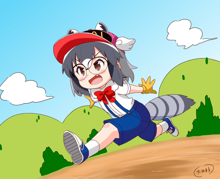 &gt;:d 1girl :d animal_ears artist_name baseball_cap blue_footwear blush bow bowtie brown_hair clouds common_raccoon_(kemono_friends) cosplay day dr._slump extra_ears fang fur_collar gloves grey_hair hat kemono_friends mountain multicolored_hair norimaki_arale norimaki_arale_(cosplay) open_mouth outdoors outstretched_arms overalls raccoon_ears raccoon_tail red_neckwear running short_sleeves sky smile solo tail takamaru_(minamimachi_seisakusho) white_legwear yellow_gloves