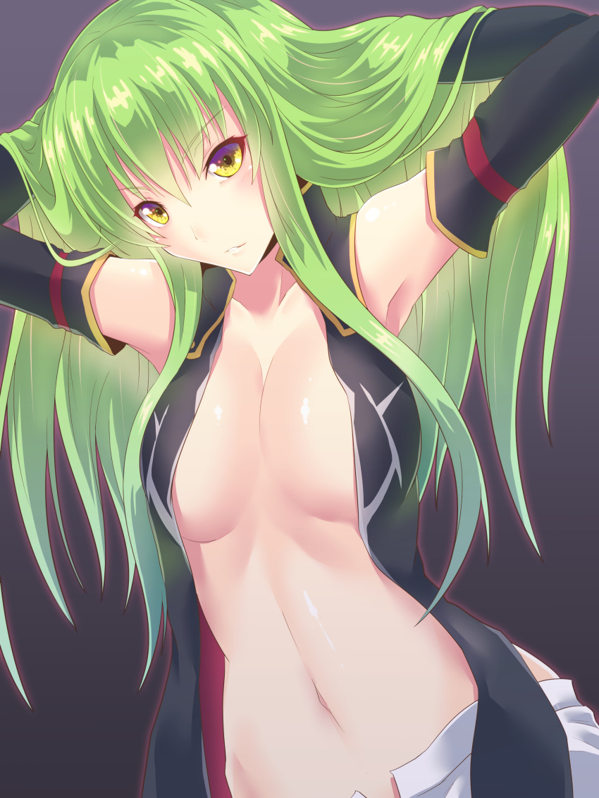 1girl absurdres adjusting_hair armpits breasts c.c. cleavage code_geass collarbone commentary_request detached_sleeves green_hair highres long_hair looking_at_viewer navel solo twinameless yellow_eyes
