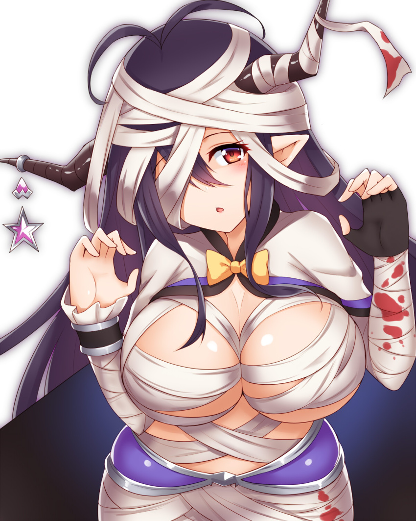 1girl antenna_hair bandage black_gloves black_hair blood bloody_clothes blush breasts danua doraf etan14 fingerless_gloves gloves granblue_fantasy hair_between_eyes halloween_costume highres horn_ornament horns large_breasts long_hair looking_at_viewer mummy parted_lips pointy_ears red_eyes solo upper_body