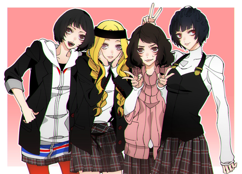 4girls black_hair blazer blonde_hair blue_hair brown_eyes brown_hair commentary_request cosplay headband highres hood hoodie jacket kawakami_sadayo mature mifune_chihaya multiple_girls niijima_makoto niijima_makoto_(cosplay) ohya_ichiko okumura_haru okumura_haru_(cosplay) pantyhose persona persona_5 pink_sweater plaid plaid_skirt pleated_skirt red_eyes red_legwear ribbed_sweater ryyohko skirt sweater takamaki_anne takamaki_anne_(cosplay) takemi_tae violet_eyes