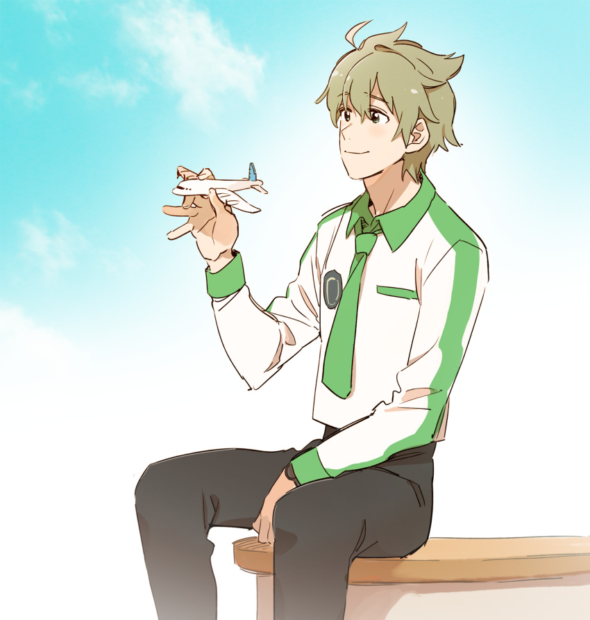 1boy ahoge aircraft airplane bench black_pants clouds cloudy_sky commentary_request eyebrows_visible_through_hair green_eyes green_hair hair_between_eyes highres holding idolmaster idolmaster_side-m kashiwagi_tsubasa long_sleeves male_focus model necktie pants pito_(sh02327) shirt short_hair sky smile watch watch
