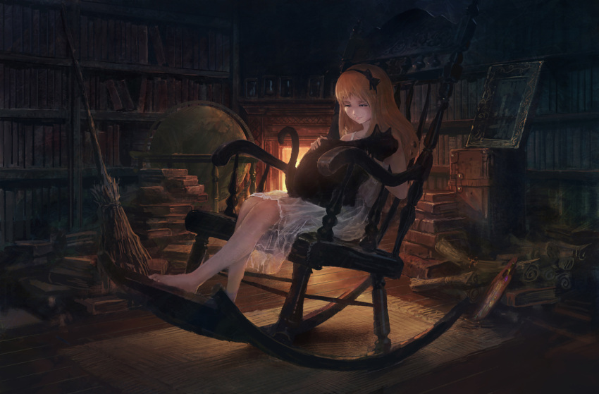 1girl bare_arms bare_shoulders barefoot black_cat blonde_hair book book_stack bookshelf broom cat chair commentary_request dress fireplace gloves indoors long_hair original painting petting portrait rocking_chair scroll sitting smile solo white_dress you_shimizu
