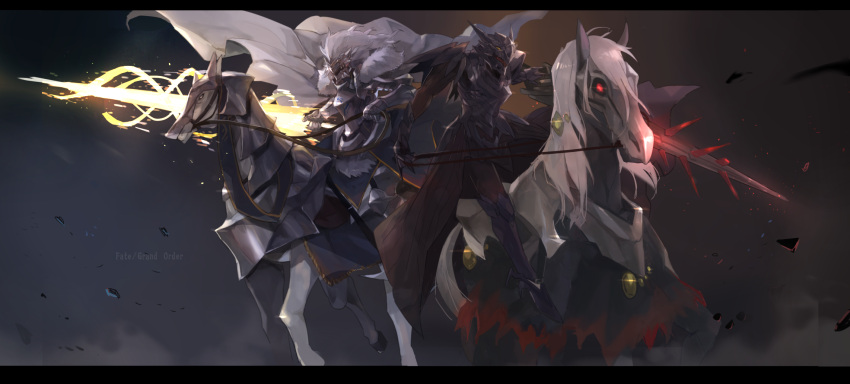 2girls armor armored_dress artoria_pendragon_(all) artoria_pendragon_(lancer) artoria_pendragon_(lancer_alter) cape commentary dark_rhongomyniad dual_persona fate/grand_order fate_(series) full_armor greaves helm helmet highres holding holding_weapon horse letterboxed mono_(jdaj) multiple_girls pauldrons polearm revision rhongomyniad riding spear weapon