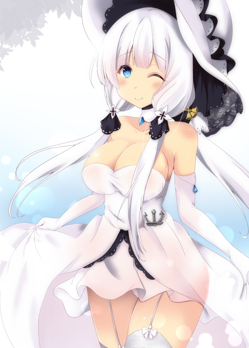 1girl ;) azur_lane blue_eyes breasts choker cleavage commentary_request dress dress_lift elbow_gloves gloves hat highres illustrious_(azur_lane) long_hair looking_at_viewer low_twintails off-shoulder_dress off_shoulder one_eye_closed purunyara smile solo sun_hat twintails white_dress white_hair