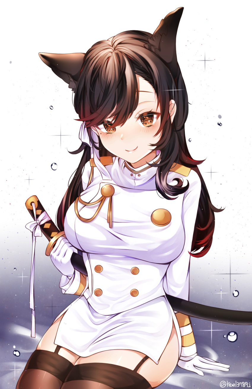 1girl animal_ears artist_name atago_(azur_lane) azur_lane bangs black_hair black_legwear blush breasts brown_eyes garter_straps gloves highres jacket katana large_breasts long_hair looking_at_viewer military military_uniform miniskirt mole mole_under_eye reel37891 side_slit sitting skirt smile solo swept_bangs sword thigh-highs uniform weapon white_gloves white_jacket white_skirt