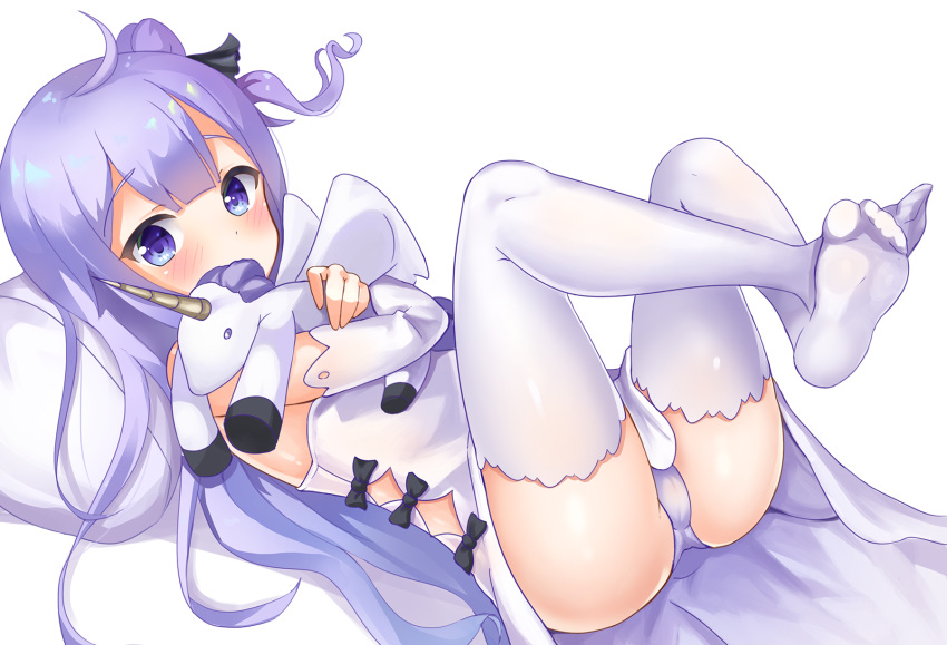 1girl 2drr ahoge ass azur_lane commentary_request detached_sleeves doll_hug dress hair_ribbon highres long_hair looking_at_viewer lying one_side_up panties pantyshot pantyshot_(lying) purple_hair ribbon simple_background solo stuffed_animal stuffed_toy stuffed_unicorn thigh-highs underwear unicorn_(azur_lane) violet_eyes white_background white_dress white_legwear white_panties
