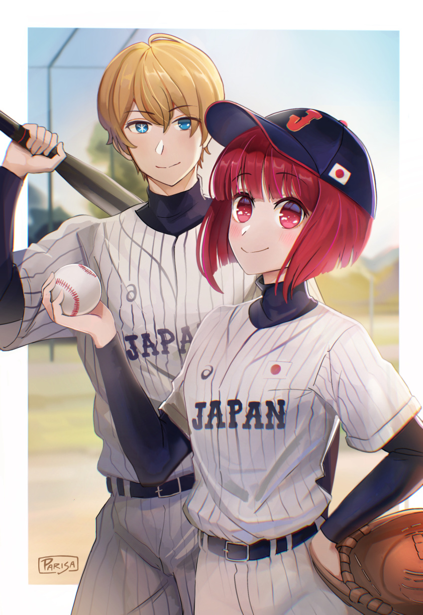 1boy 1girl arima_kana arm_at_side artist_name asics ball baseball baseball_bat baseball_jersey baseball_mitt baseball_stadium baseball_uniform belt black_belt black_headwear black_undershirt blonde_hair blue_eyes blunt_bangs blunt_ends blurry blurry_background blush bob_cut breasts closed_mouth clothes_writing commentary cowboy_shot depth_of_field hand_on_own_hip hand_up hat height_difference highres holding holding_ball holding_baseball_bat hoshino_aquamarine inverted_bob japanese_flag oshi_no_ko outside_border pants parisa_reaz pinstripe_pants pinstripe_pattern pinstripe_shirt playing_sports raised_eyebrows redhead shirt side-by-side small_breasts smile sportswear standing striped white_pants white_shirt