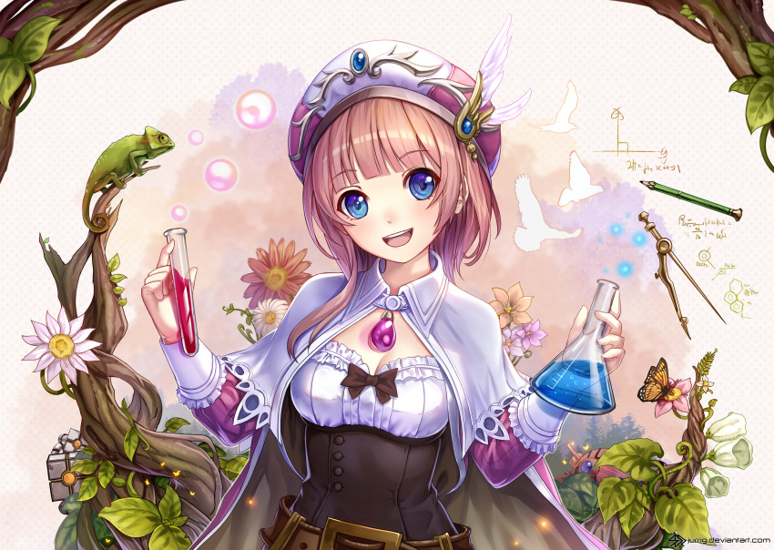 1girl :d absurdres atelier_(series) atelier_rorona bangs belt blunt_bangs blush breasts brown_hair butterfly cape chameleon chemistry cleavage compass_(instrument) corset erlenmeyer_flask eyebrows_visible_through_hair flower frills hair_over_shoulder hat hat_feather head_tilt highres holding jurrig leaf long_hair long_sleeves looking_at_viewer medium_breasts open_mouth pencil pink_hat polka_dot polka_dot_background rororina_fryxell smile solo test_tube white_cape