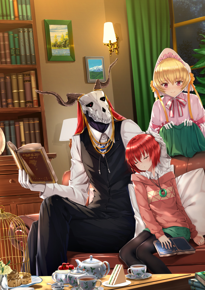 1boy 2girls bangs blonde_hair bonnet book bookshelf closed_eyes closed_mouth coffee_table cup curtains ellias_ainsworth eyebrows_visible_through_hair food gloves green_skirt hatori_chise highres holding holding_book horns indoors jewelry legs_crossed long_sleeves mahou_tsukai_no_yome mask multiple_girls necklace open_book pantyhose pastry redhead sandwich saucer short_hair silky_(mahou_tsukai_no_yome) sitting skirt skull slacks sleeping smile solo_focus sweater swordsouls table teacup teapot vest violet_eyes white_gloves window