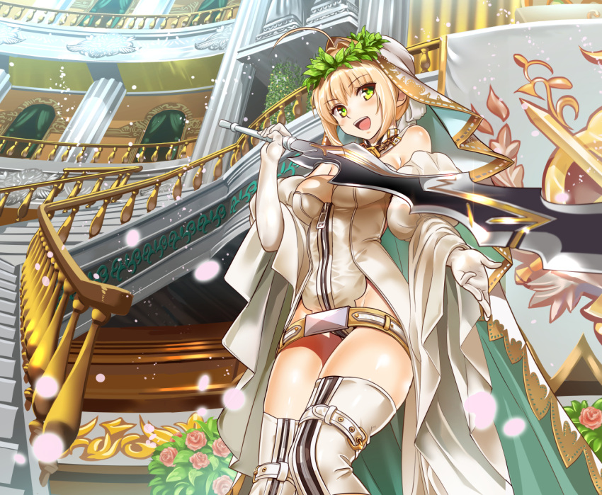 1girl :d aestus_estus ahoge beltskirt bodysuit breasts bridal_veil fate/extra fate/extra_ccc fate_(series) full-length_zipper gloves hair_intakes head_wreath large_breasts leotard lock looking_at_viewer open_mouth padlock robe saber_bride saber_extra smile solo stairs strapless strapless_leotard thigh-highs veil white_bodysuit white_gloves white_legwear white_leotard yewang19 zipper zipper_pull_tab