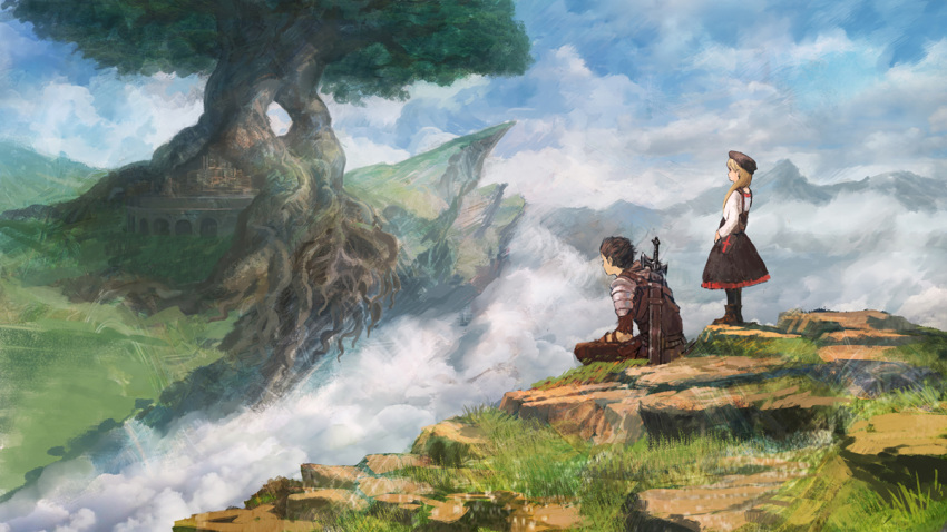 1boy 1girl armor beret black_hair blonde_hair blue_sky boots city cliff clouds cloudy_sky commentary_request day fantasy fog giant_tree grass hat original outdoors rock scabbard sheath sheathed sitting skirt sky spaulders standing sword valley weapon weapon_on_back you_shimizu