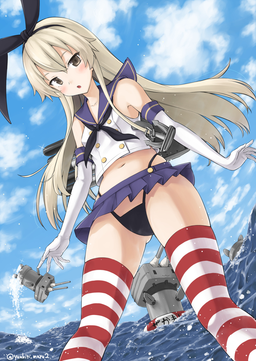1girl :o bangs black_bow black_neckwear black_panties blonde_hair blue_skirt blue_sky blush bow clouds cloudy_sky day elbow_gloves from_below gloves hair_bow highleg highleg_panties highres kantai_collection legs_apart long_hair looking_at_viewer microskirt navel ocean open_mouth outdoors panties platinum_blonde pleated_skirt rensouhou-chan sailor_collar shimakaze_(kantai_collection) skirt sky solo standing striped striped_legwear thighs underwear white_gloves yuuki_kazuhito