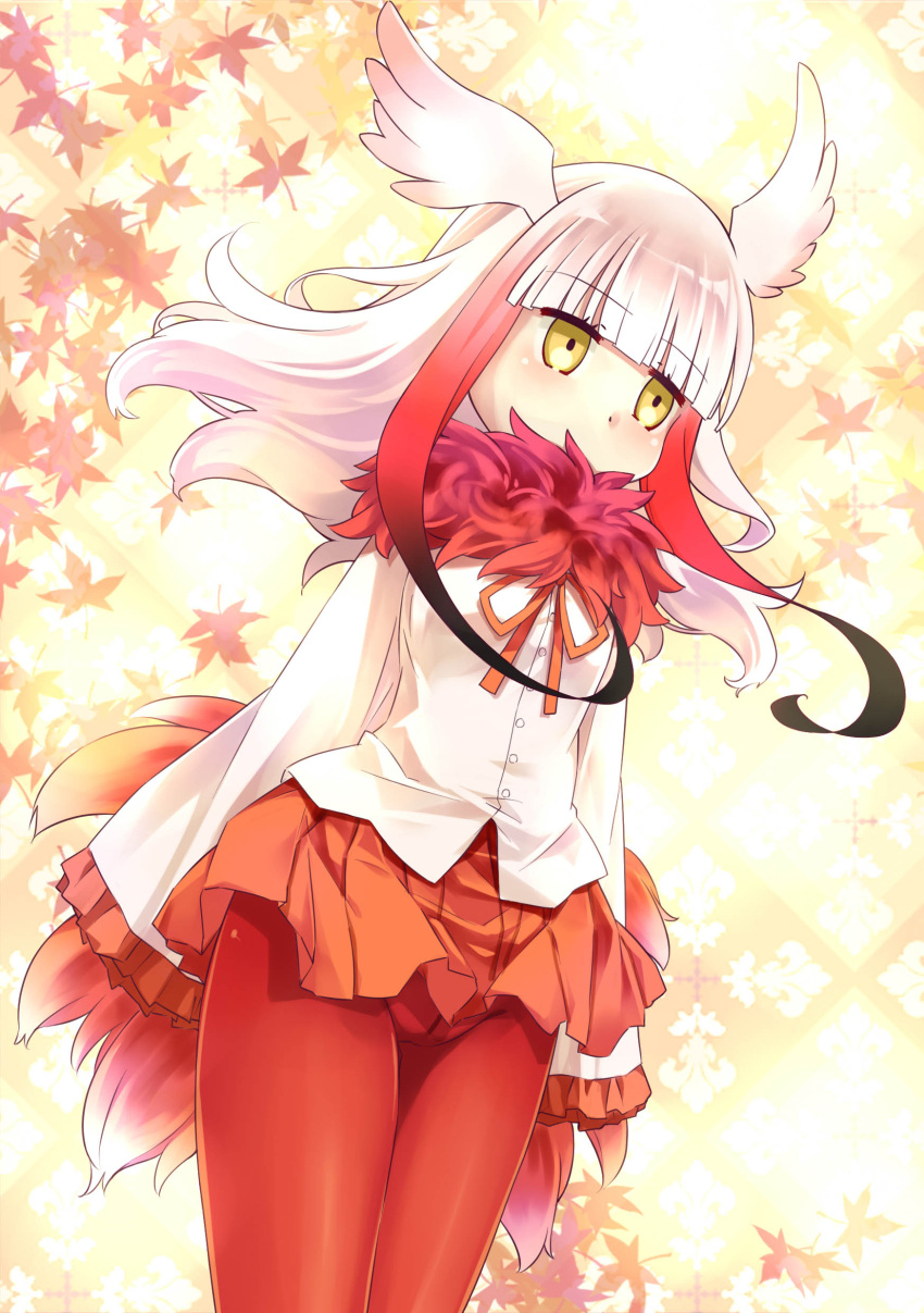 1girl 54hao absurdres ass autumn_leaves bangs black_hair blunt_bangs blush covered_mouth crotch_seam dutch_angle eyebrows_visible_through_hair frilled_sleeves frills fur_collar gradient_hair hands_in_sleeves head_wings highres japanese_crested_ibis_(kemono_friends) kemono_friends long_hair long_sleeves looking_away multicolored_hair pantyhose pleated_skirt red_legwear red_ribbon red_skirt redhead ribbon shirt sidelocks skirt solo tail white_hair white_shirt white_wings wide_sleeves wings yellow_eyes