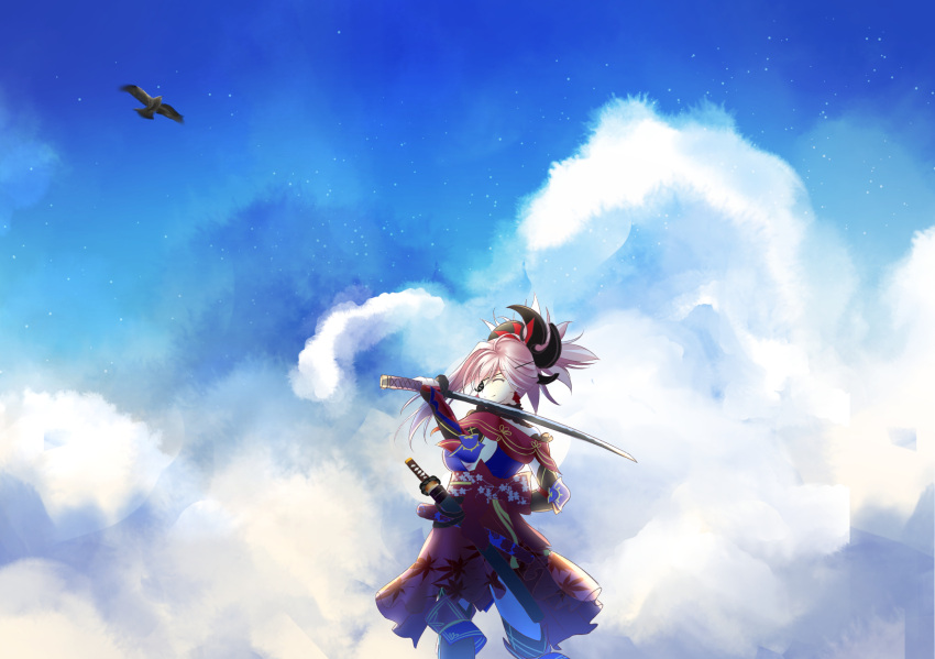 1girl animal bird blue_sky breasts closed_eyes detached_sleeves earrings eyepatch fate/grand_order fate_(series) hair_ornament highres japanese_clothes jewelry katana kimono large_breasts liu_liu looking_at_viewer miyamoto_musashi_(fate/grand_order) over_shoulder pink_hair ponytail sash sky smile solo sword sword_over_shoulder thigh-highs weapon weapon_over_shoulder