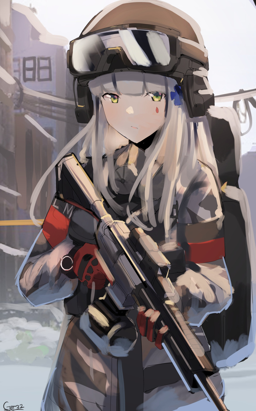 1girl absurdres assault_rifle backpack bag bangs blunt_bangs closed_mouth coat facial_mark gar32 girls_frontline gloves goggles goggles_on_headwear green_eyes grey_coat grey_hair gun h&amp;k_hk416 hair_ornament helmet highres hk416_(girls_frontline) holding holding_gun holding_weapon long_hair long_sleeves looking_at_viewer red_gloves rifle signature solo tom_clancy's_the_division trigger_discipline weapon