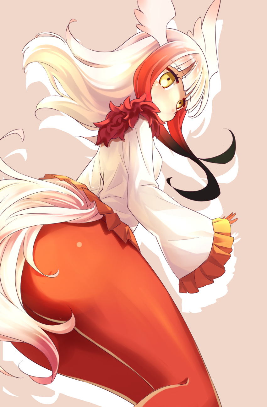1girl 54hao absurdres ass bangs black_hair blunt_bangs brown_background covered_mouth eyebrows_visible_through_hair frilled_sleeves frills fur_collar gloves gradient_hair head_wings highres japanese_crested_ibis_(kemono_friends) kemono_friends long_hair long_sleeves looking_at_viewer looking_back multicolored_hair pantyhose pleated_skirt red_gloves red_legwear red_skirt redhead shirt sidelocks simple_background skirt solo tail white_hair white_shirt white_wings wide_sleeves wings yellow_eyes
