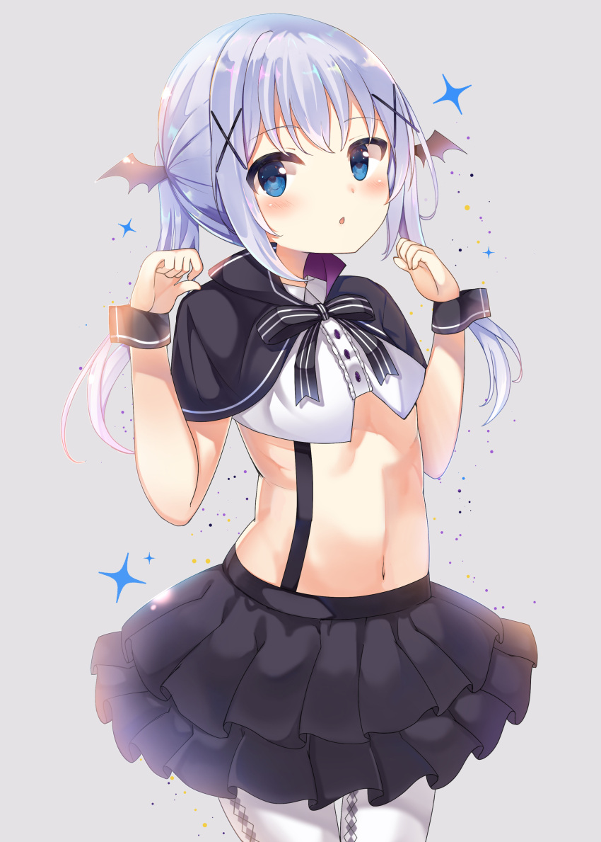 1girl :o absurdres argyle argyle_legwear bangs bat_wings black_bow black_capelet black_skirt blue_eyes blush bow buttons center_frills commentary_request crop_top eyebrows_visible_through_hair frilled_shirt frilled_skirt frills gochuumon_wa_usagi_desu_ka? grey_background hair_ornament hairclip halloween_costume head_wings highres kafuu_chino light_blue_hair long_hair looking_at_viewer midriff navel open_mouth pantyhose ponytail ruriruno shirt sidelocks skirt solo sparkle striped striped_bow white_legwear white_shirt wings wrist_cuffs x_hair_ornament