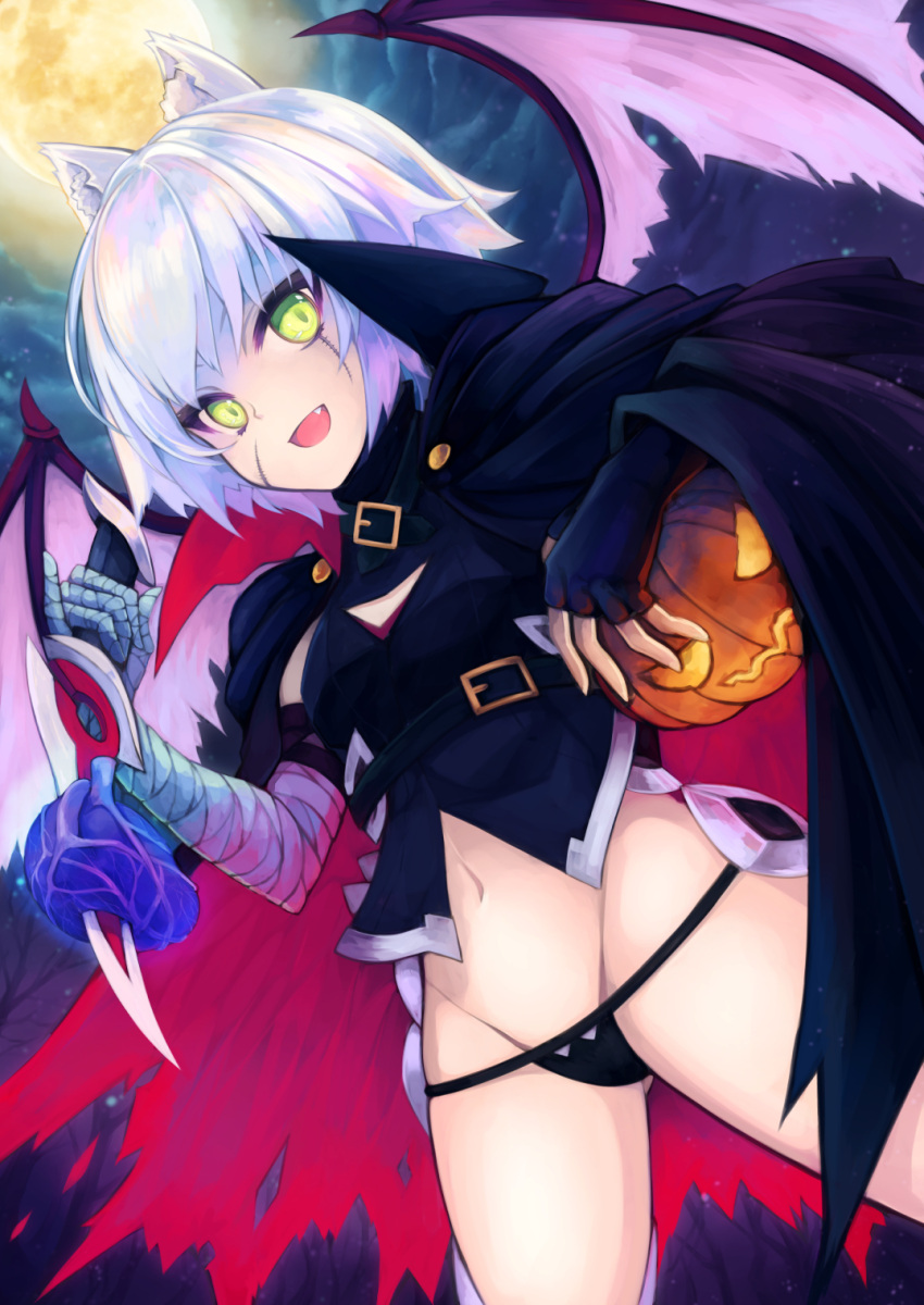 1girl :d animal_ears assassin_of_black bandage bandaged_arm bare_tree belt black_bikini_bottom black_cape black_gloves cape clouds commentary_request dagger demon_wings fang fate/apocrypha fate_(series) fingerless_gloves full_moon gloves green_eyes groin halloween halloween_costume highres holding_dagger jack-o'-lantern looking_at_viewer moon navel night open_mouth otogi_kyouka outdoors scar scar_across_eye scar_on_cheek short_hair sky smile solo tree weapon white_hair wings