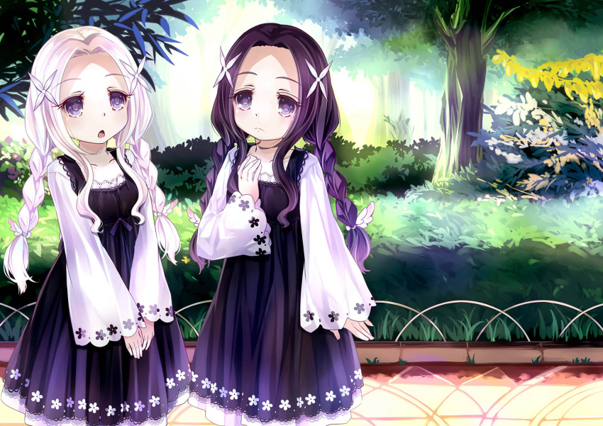 2girls 54hao :o black_dress blush braid breasts bush closed_mouth collarbone commentary_request day dress eyebrows_visible_through_hair hair_intakes hair_ornament hair_wings hand_up head_tilt highres long_sleeves looking_at_viewer low_twintails multiple_girls original outdoors parted_lips purple_hair shirt siblings sidelocks small_breasts standing tree twin_braids twins twintails v_arms violet_eyes white_hair white_shirt wide_sleeves x_hair_ornament