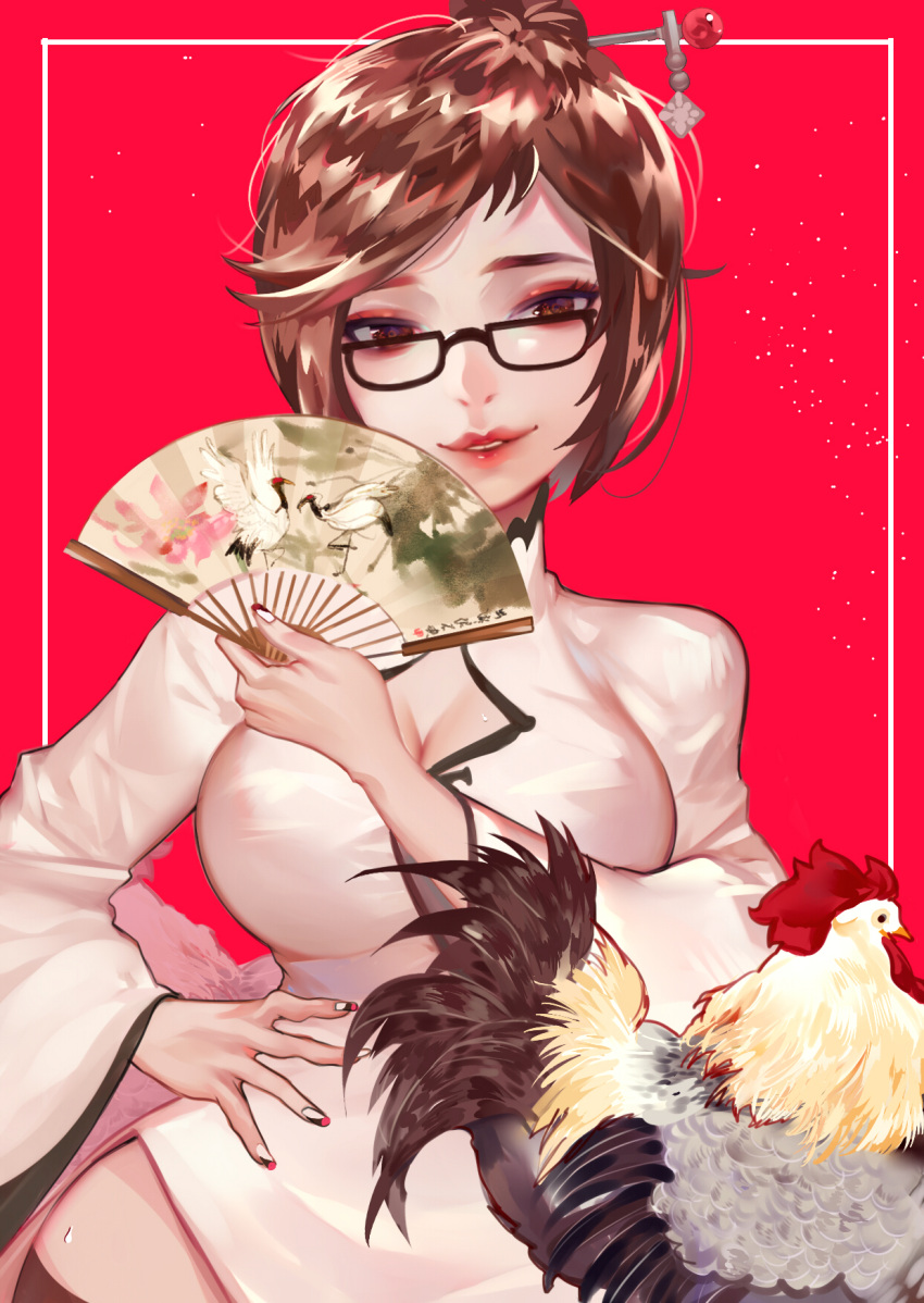 1girl bird black-framed_eyewear black_legwear breasts brown_eyes brown_hair chicken china_dress chinese_clothes cleavage_cutout dress eyeshadow fan folding_fan frame hair_bun hair_ornament hair_stick hand_on_hip highres long_sleeves looking_at_viewer makeup medium_breasts mei_(overwatch) nail_polish overwatch parted_lips red_background red_lips rooster short_hair simple_background smile snowflake_hair_ornament solo thigh-highs upper_body ziiiing