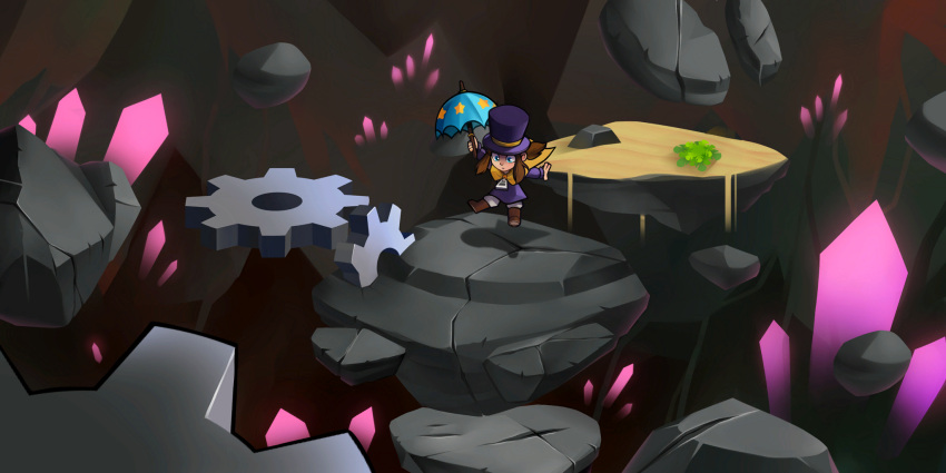 a_hat_in_time blue_eyes boots boulder brown_hair cape crystal falling floating floating_object floating_rock floating_rocks gears hat hat_kid highres jenna_brown official_art ponytail rock sand top_hat umbrella