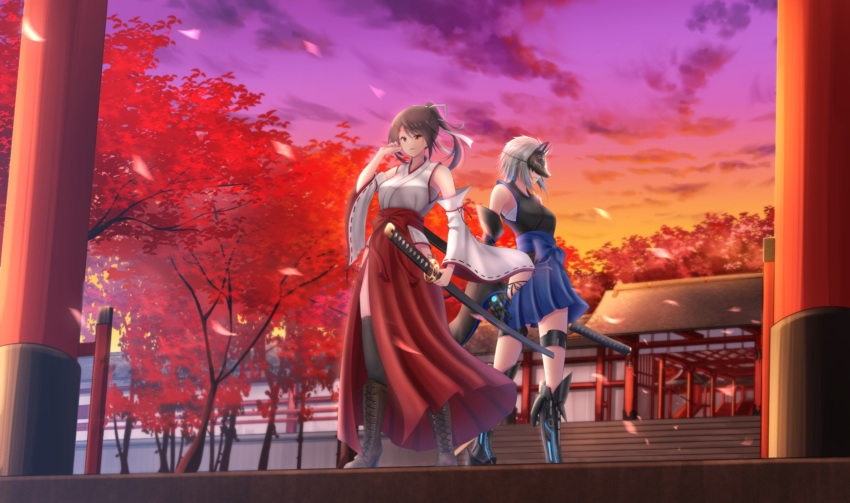 2girls adjusting_hair arm_ribbon armor armored_boots autumn autumn_leaves bangs bare_shoulders black_footwear black_legwear blue_hakama boots brown_footwear brown_hair clouds commentary cross-laced_footwear denpa_(denpae29) detached_sleeves evening falling_leaves fox_mask gradient_sky hair_between_eyes hair_ornament hair_ribbon hairclip hakama hand_up high_heel_boots high_heels high_ponytail highres hip_vent holding holding_sword holding_weapon japanese_clothes katana knee_boots lace-up_boots long_hair looking_at_viewer looking_away mask mechanical_arm multiple_girls nontraditional_miko orange_sky original outdoors parted_lips ponytail purple_sky red_eyes red_hakama red_ribbon ribbon ribbon-trimmed_sleeves ribbon_trim sarashi scabbard scenery sheath sheathed short_hair shrine side_slit sidelocks silver_hair sky stairs standing sunset sword thigh-highs torii tree weapon white_ribbon wind
