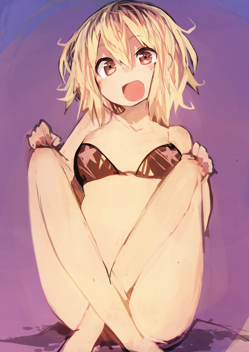 1girl absurdres bangs bikini blonde_hair crossed_ankles gradient gradient_background hands_on_own_knees highres kaamin_(mariarose753) legs looking_at_viewer open_mouth pink_background red_eyes rumia short_hair sitting smile solo star swimsuit thighs touhou
