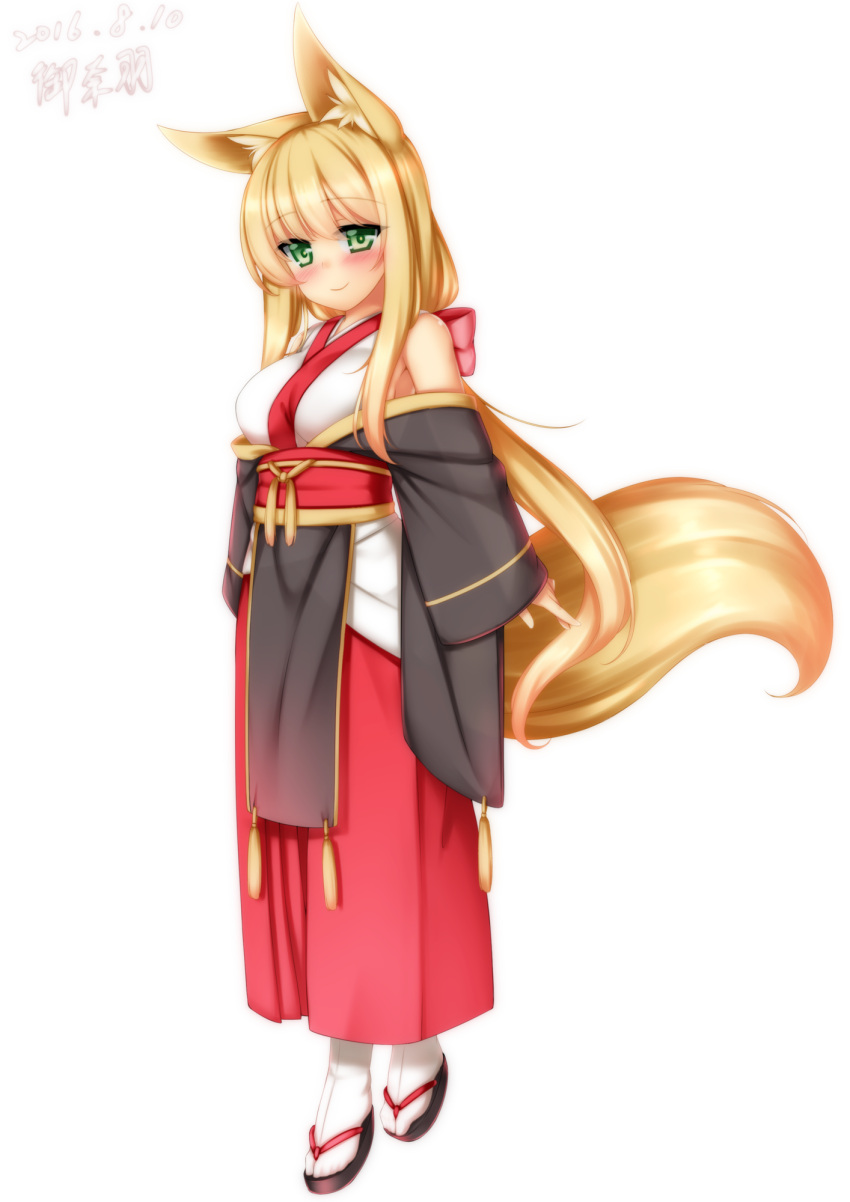 1girl animal_ears armpit_peek arms_at_sides artist_name bare_shoulders blonde_hair blush commentary_request dated eyebrows_visible_through_hair eyes_visible_through_hair fox_ears fox_tail full_body green_eyes hair_ribbon highres himeka_chiyako japanese_clothes long_hair looking_at_viewer obi original playjoe2005 ponytail ribbon sandals sash sidelocks simple_background smile solo tail very_long_hair white_background white_legwear wide_sleeves