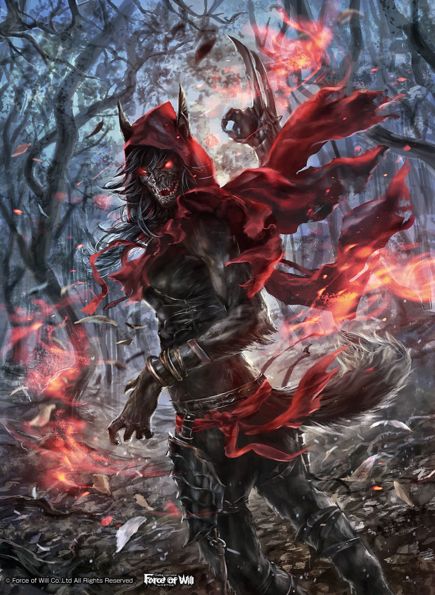 1girl animal_ears armor armored_boots black_hair black_skin boots bracelet claws copyright_name fangs fire force_of_will glowing glowing_eyes highres hood jewelry long_hair mad_(artist) multicolored_hair official_art open_mouth red_eyes solo tree two-tone_hair white_hair wolf_ears