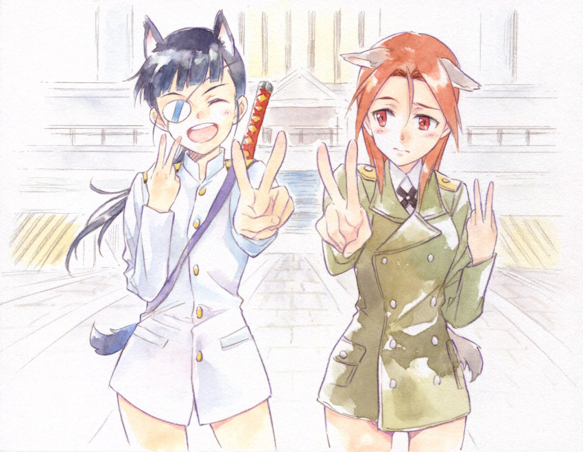 2girls :d agahari animal_ears closed_mouth cowboy_shot eyepatch koi_dance long_hair looking_at_another minna-dietlinde_wilcke multiple_girls open_mouth redhead sakamoto_mio smile strike_witches thighs traditional_media v watercolor_(medium) world_witches_series