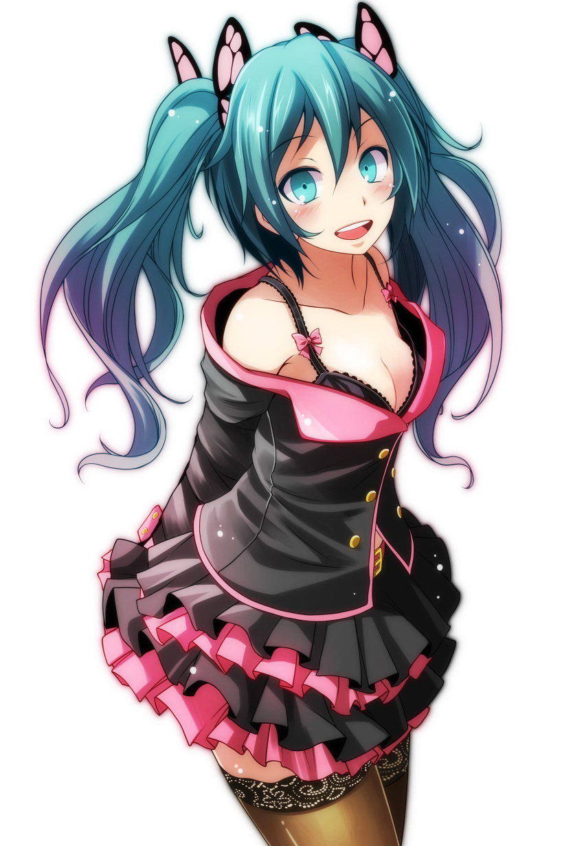 1girl :d absurdres aqua_eyes aqua_hair arms_behind_back belt_buckle black_bra black_jacket blush bow bra breasts brown_legwear buckle butterfly_hair_ornament cleavage collarbone cowboy_shot eyebrows_visible_through_hair gradient_hair hair_between_eyes hair_ornament hatsune_miku highres jacket layered_skirt long_hair long_sleeves looking_at_viewer multicolored_hair off_shoulder open_mouth pink_bow pink_hair project_diva_(series) simple_background small_breasts smile solo standing sweet_devil_(vocaloid) thigh-highs tsukishiro_saika underwear very_long_hair vocaloid white_background zettai_ryouiki