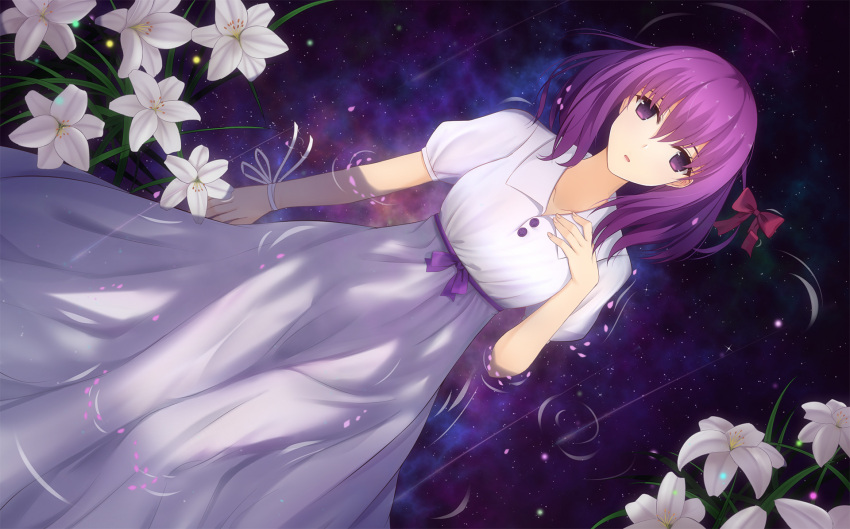 1girl bow dress fate/stay_night fate_(series) flower hair_bow heavens_feel highres long_dress looking_at_viewer lying matou_sakura parted_lips partially_submerged purple_hair rain rko_(a470350510) short_hair solo violet_eyes water white_dress