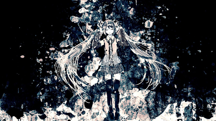 1girl abstract bare_shoulders closed_eyes detached_sleeves floating_hair full_body hair_ornament hands_up hatsune_miku long_hair meola monochrome necktie pleated_skirt shirt skirt smile solo tagme twintails very_long_hair vocaloid