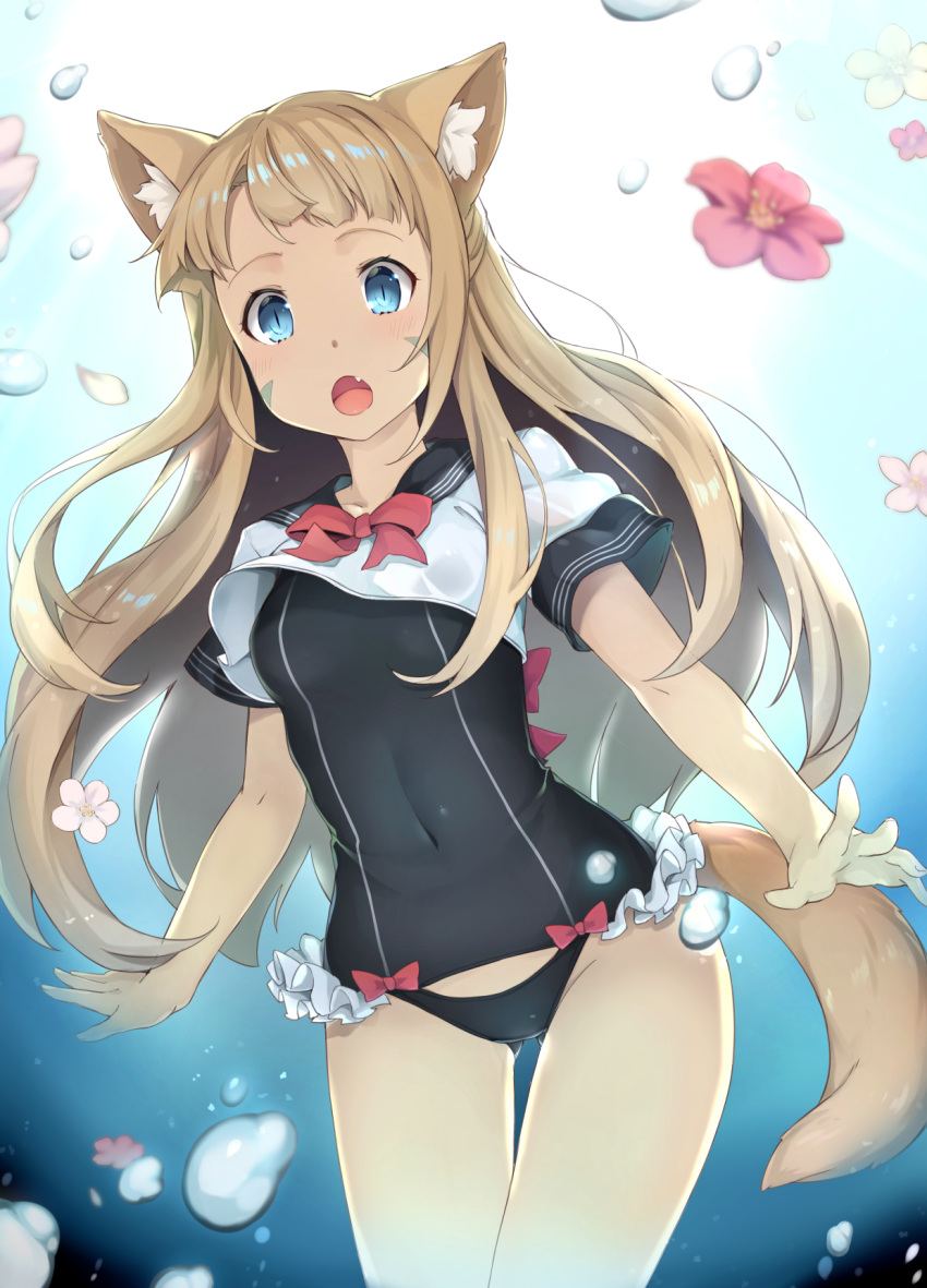 1girl 3.14 air_bubble animal_ears bangs blonde_hair blouse blue_eyes blurry blush bubble cat_ears collarbone covered_navel cowboy_shot depth_of_field fang frilled_swimsuit frills gluteal_fold highres long_hair open_mouth original sailor_collar school_swimsuit school_uniform serafuku short_sleeves sidelocks solo swimsuit swimsuit_under_clothes tail tareme thigh_gap underwater whisker_markings white_blouse