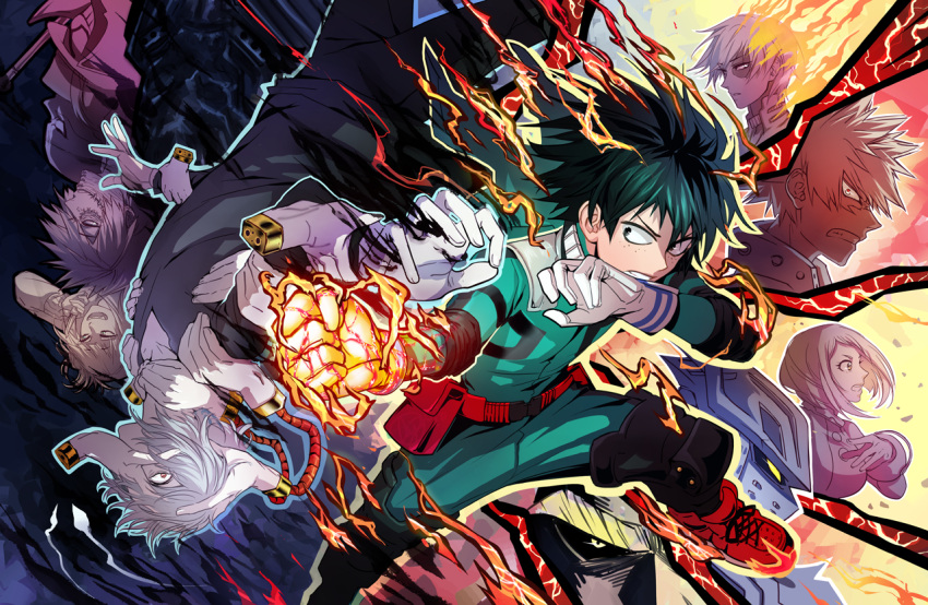 2girls 6+boys avodkabottle bakugou_katsuki boku_no_hero_academia boots bubaigawara_jin burning charging clenched_teeth commentary dabi_(boku_no_hero_academia) disembodied_limb fire gloves green_eyes green_hair green_jacket green_pants helmet jacket long_sleeves looking_at_viewer midoriya_izuku multiple_boys multiple_girls pants pouch profile projected_inset scar shigaraki_tomura short_hair spiky_hair superhero teeth todoroki_shouto toga_himiko uniform uraraka_ochako