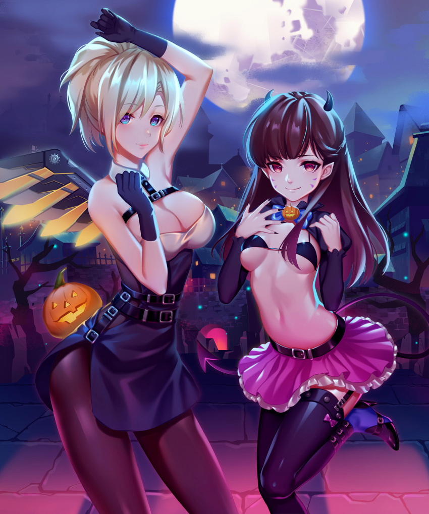 2girls alternate_eye_color arm_up bangs bare_shoulders belt belt_buckle black_belt black_bikini_top black_dress black_gloves black_legwear black_nails blonde_hair blue_eyes blue_legwear blue_neckwear blunt_bangs bow bow_legwear bowtie breasts brown_hair brown_legwear buckle cleavage closed_mouth clouds cloudy_sky commentary_request contrapposto d.va_(overwatch) demon_girl demon_horns demon_tail dress eyebrows_visible_through_hair facepaint facial_mark frilled_skirt frills full_moon garter_straps gloves halloween halloween_costume hand_up high_heels highres horns house jack-o'-lantern large_breasts leg_up legs_apart legs_together littleamber long_hair long_sleeves looking_at_viewer mechanical_wings mercy_(overwatch) micro_bikini_top midriff miniskirt moon multiple_girls nail_polish navel night night_sky one_leg_raised orange_wings outdoors overwatch pantyhose pink_bow pink_lips pink_skirt pleated_skirt ponytail pumpkin red_eyes short_dress short_hair single_wing skirt sky sleeveless sleeveless_dress small_breasts smile spread_wings standing standing_on_one_leg stomach strap succubus tail thigh-highs under_boob whisker_markings wings