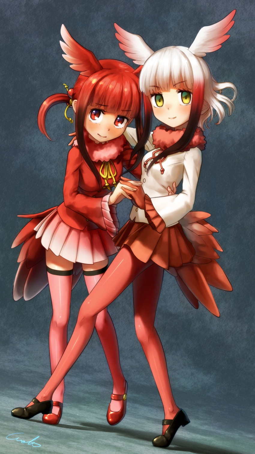 &gt;:) 2girls arm_around_neck arm_around_waist bangs blunt_bangs blush brown_eyes dutch_angle eyebrows_visible_through_hair frilled_sleeves frills fur_collar gloves hand_holding head_wings highres japanese_crested_ibis_(kemono_friends) kemono_friends long_hair long_legs long_sleeves looking_at_viewer mary_janes multicolored_hair multiple_girls pantyhose pleated_skirt red_eyes red_footwear red_gloves red_legwear red_skirt redhead scarlet_ibis_(kemono_friends) shirt shoes sidelocks signature skirt standing thigh-highs twintails welt_(kinsei_koutenkyoku) white_hair white_shirt