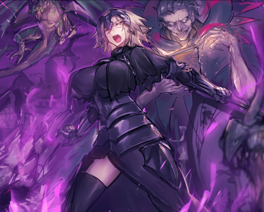 1boy 1girl armor bangs black_legwear breasts caster_(fate/zero) chains d: dragon fate/grand_order fate_(series) faulds fire gauntlets grey_hair hand_up headpiece holding jeanne_alter large_breasts legs_apart melon22 open_mouth purple_fire ruler_(fate/apocrypha) short_hair solo_focus teeth thigh-highs thighs yellow_eyes