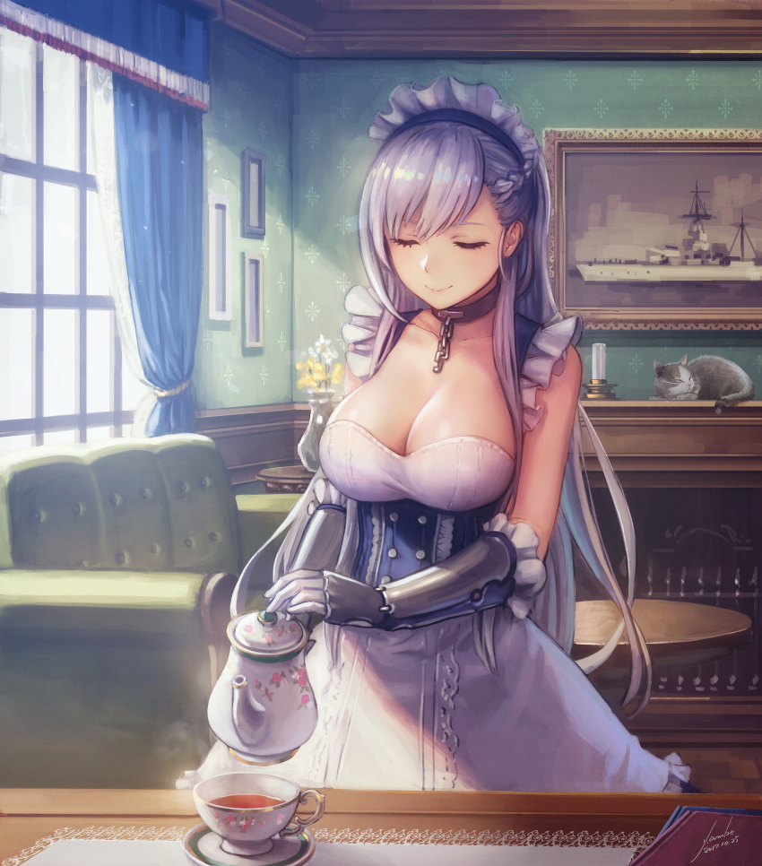 1girl absurdres anbe_yoshirou artist_signature azur_lane bangs bare_shoulders belfast_(azur_lane) book braid breasts buttons candle cat chains choker cleavage closed_eyes collarbone commentary_request couch cup curtains eyelashes flower french_braid gauntlets highres indoors large_breasts long_hair maid maid_headdress painting_(object) portrait_(object) saucer silver_hair smile solo standing table tea teacup teapot vase watercraft window