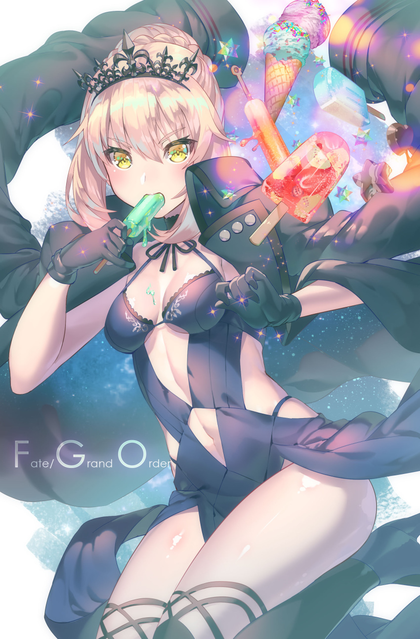 1girl absurdres aguy artoria_pendragon_(all) artoria_pendragon_(swimsuit_rider_alter)_(fate) bangs black_gloves black_legwear blonde_hair blush braid breasts closed_mouth dress dutch_angle fate/grand_order fate_(series) food food_on_body french_braid gloves hair_bun high_heels highres ice_cream ice_cream_cone jacket_on_shoulders looking_at_viewer mouth_hold navel navel_cutout over-kneehighs pelvic_curtain pinky_out platinum_blonde popsicle saber_alter short_hair sidelocks small_breasts solo thigh-highs thighs tiara yellow_eyes